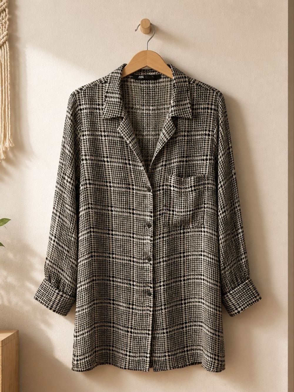 Button-Up Plaid Shirt Jacket in Black and White